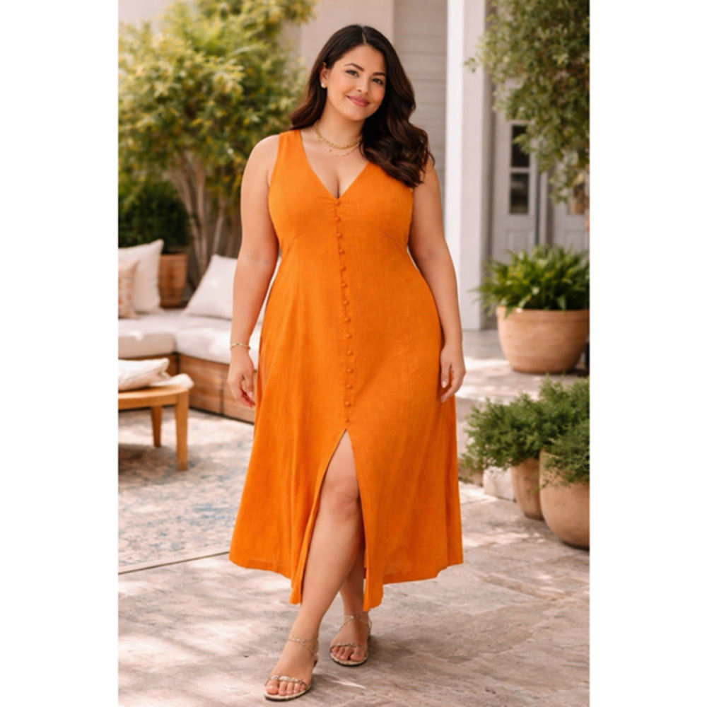 The Drop Women's Blanca Linen Button-Front V-Neck Maxi Dress XXL Mustard